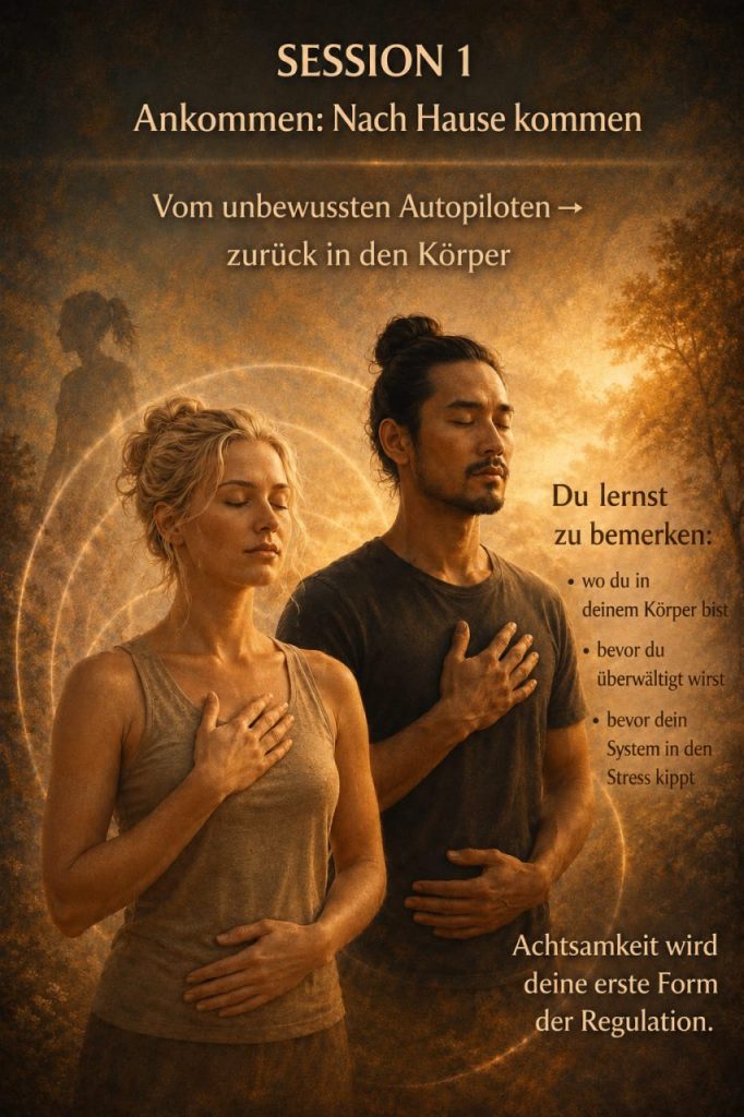 Session 1 Ankommen: Frau und Mann mit geschlossenen Augen, je eine Hand auf Herz und Bauch – zurück in den Körper kommen und das Nervensystem wahrnehmen