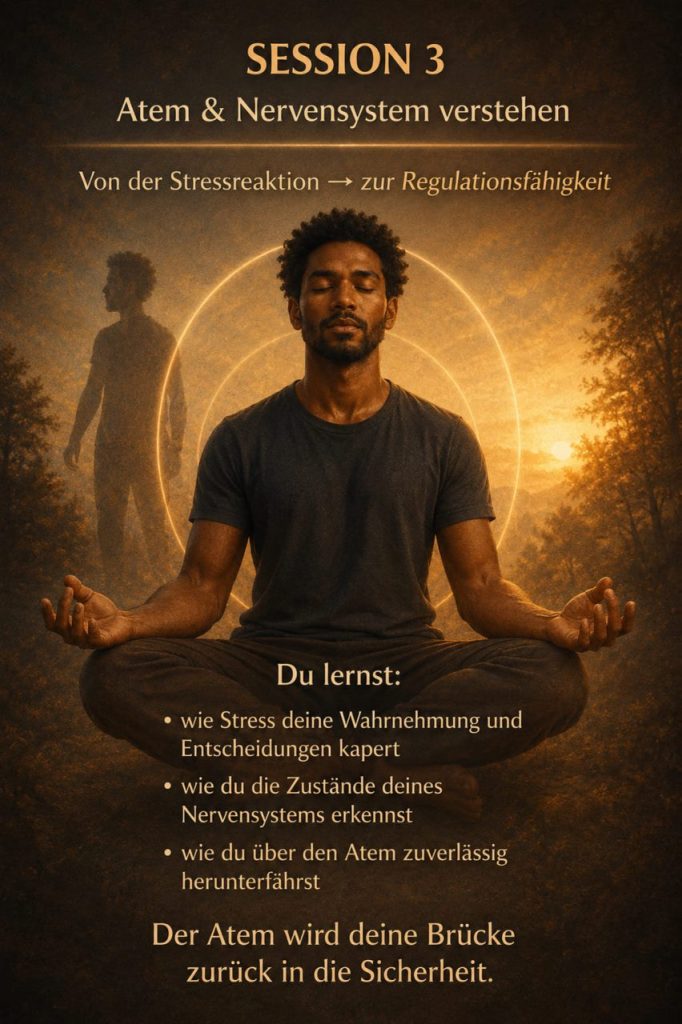 Session 3 Atem und Nervensystem: Mann im Schneidersitz meditierend – über den Atem den Zustand des Nervensystems erkennen und herunterfahren