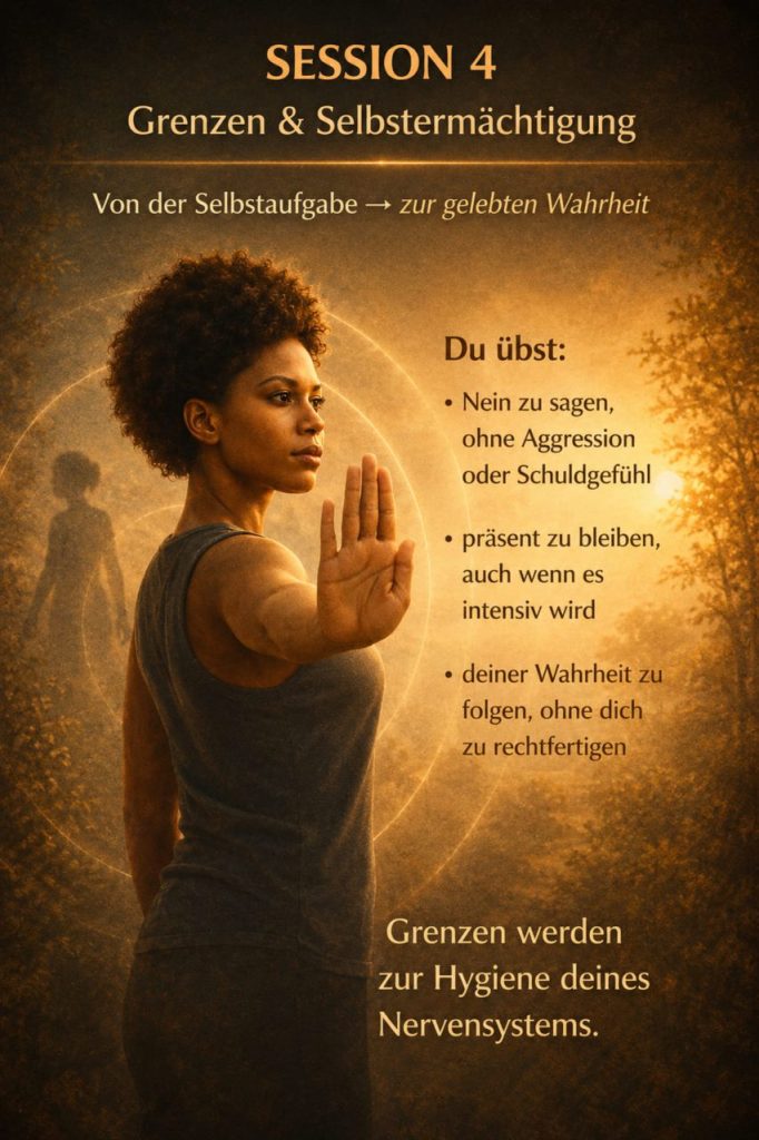 Session 4 Grenzen und Selbstermächtigung: Frau im Profil hebt abwehrend die Hand – Nein sagen ohne Aggression oder Schuldgefühl als Nervensystem-Hygiene