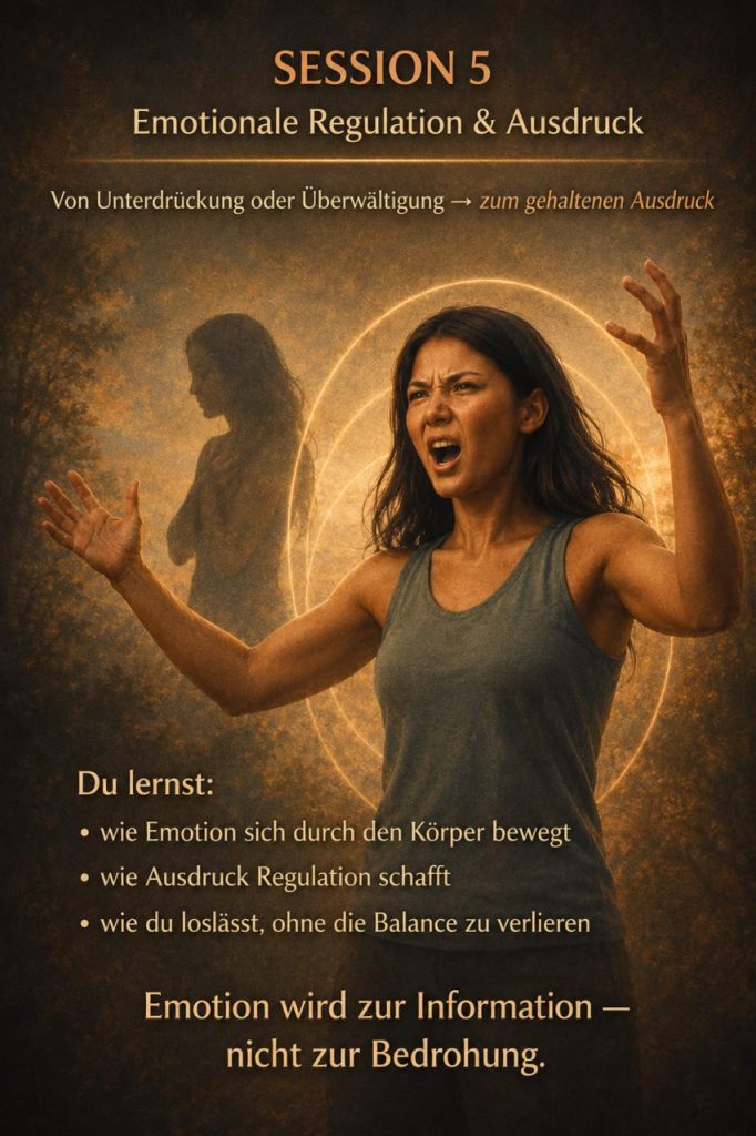 Session 5 Emotionale Regulation und Ausdruck: Frau mit erhobenen Händen im kraftvollen emotionalen Ausdruck – Emotion durch den Körper bewegen und gehalten ausdrücken