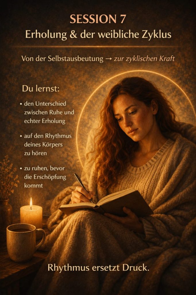 Session 7 Erholung und Zyklus: Frau in Decke gehüllt schreibt bei Kerzenlicht Tagebuch – ruhen vor der Erschöpfung, Rhythmus statt Druck