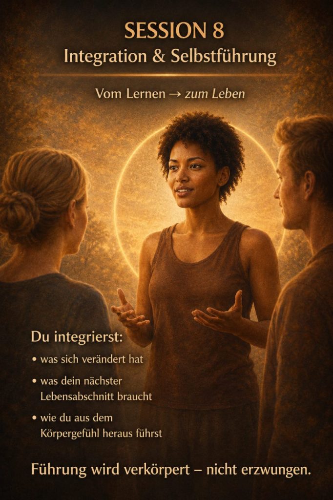 Session 8 Integration und Selbstführung: Frau im Gespräch mit zwei Menschen, offene Gestik – das Gelernte leben und aus dem Körpergefühl heraus führen